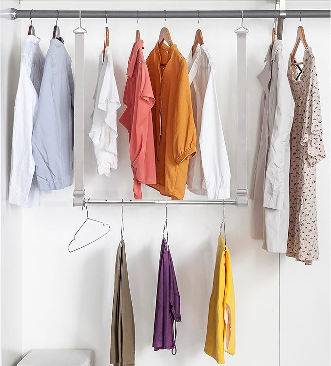 STORAGE MANIAC Hanging Closet Rod, Adjustable Width and Height Closet Hanging Organizer, Space-Saving Clothes Hanging Bar, Cl