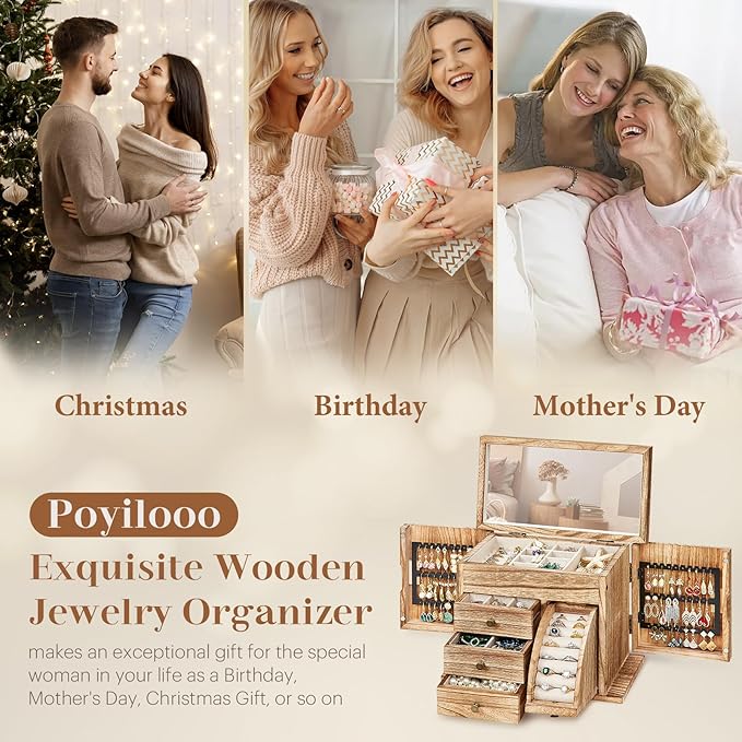 Poyilooo Jewelry Box Organizer, Solid Wood Jewelry Boxes fow Women with Mirror, Double Layer Jewelry Organizer Box Display Ea