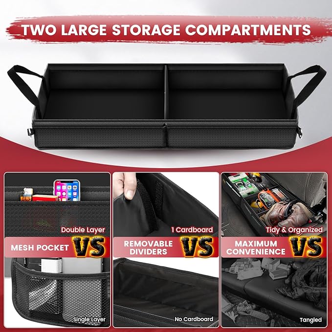 Under Seat Truck Organizer Storage Box with 1 Removable Divider & 5 Storage Mesh Bag, Collapsible Trunk Organizer for Car,