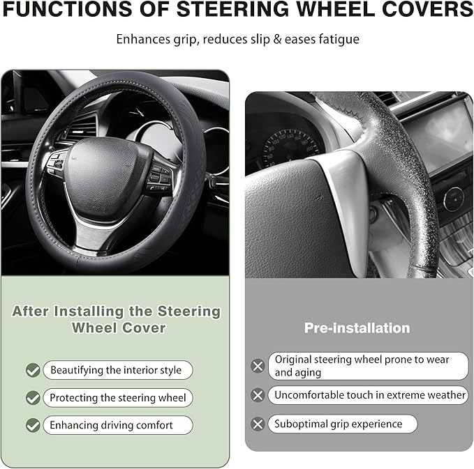 【2025 Model】 Breathable Soft Leather Car Steering Wheel Cover for Men Women, Non-Slip, Comfortable,Universal 15 inches Steeri