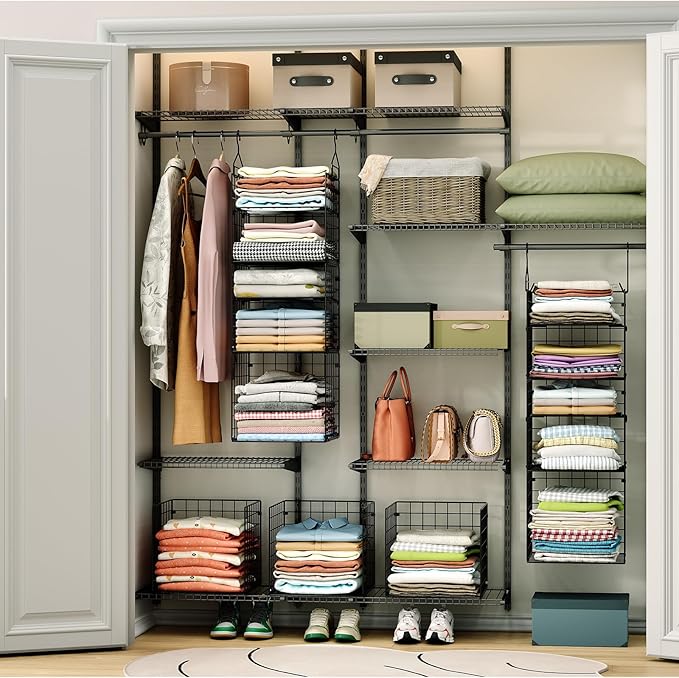 X-cosrack Hanging Closet Organizer and Storage - 5-Tier Closet Storage Organizer Baskets for Clothes & Adjustable Collapsible