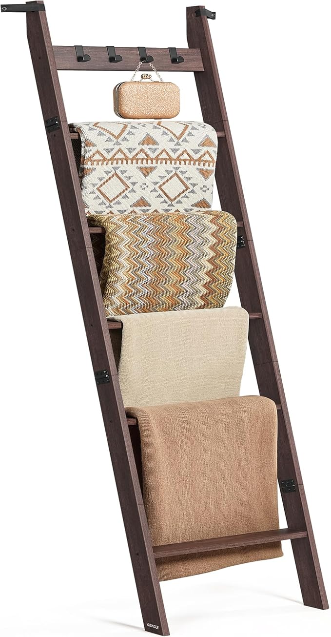 VASAGLE Blanket Ladder Shelf, 6-Tier Ladder Rack for Storage and Decor with 4 Removable Hooks, Decorative Farmhouse for The L