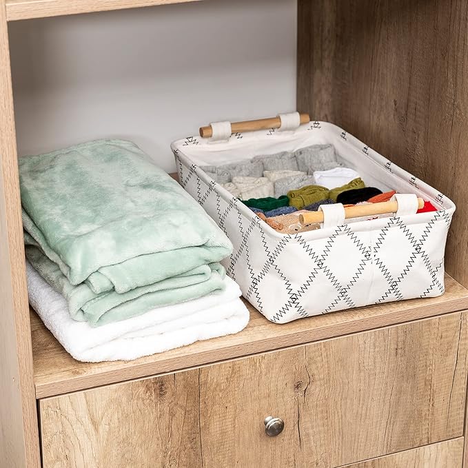 Decorative Collapsible Rectangular Fabric Storage Bin Organizer Basket with Wooden Handles for Clothes Storage,15.4x10.6x5.1 
