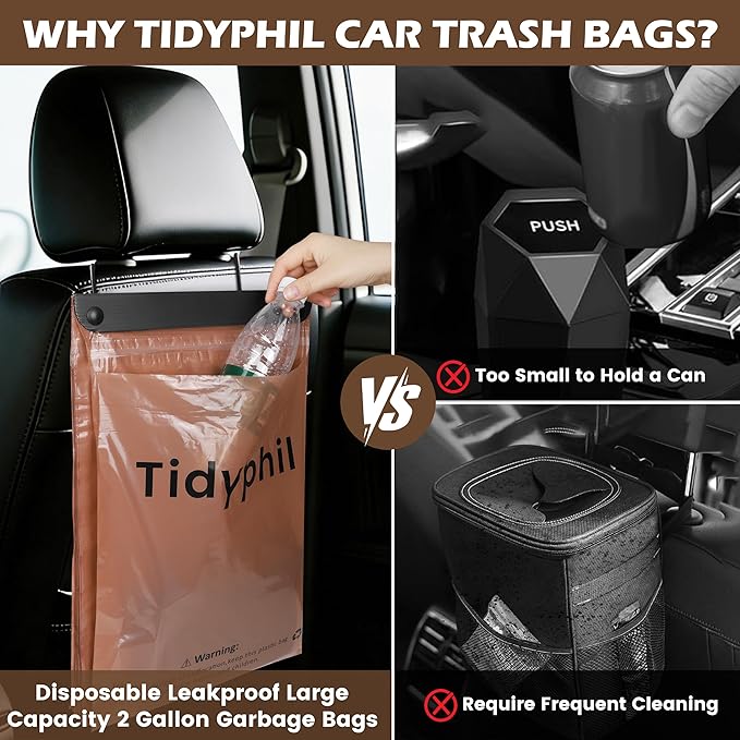 50 PCS Disposable Car Trash Bags Hanging, Leak-proof, Odor Seal. 2 Gallon Car Garbage Bags, Big Capacity. Independent of Car Trash Can, Easy Stick-On Car trash Bin for Car, SUV, Truck, Stroller. Brown