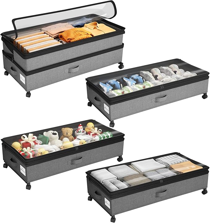 Kitstorack 4 Pack Height-adjustable Under Bed Storage with Wheels, Under Bed Storage Containers,Under Bed Shoe Storage Organi