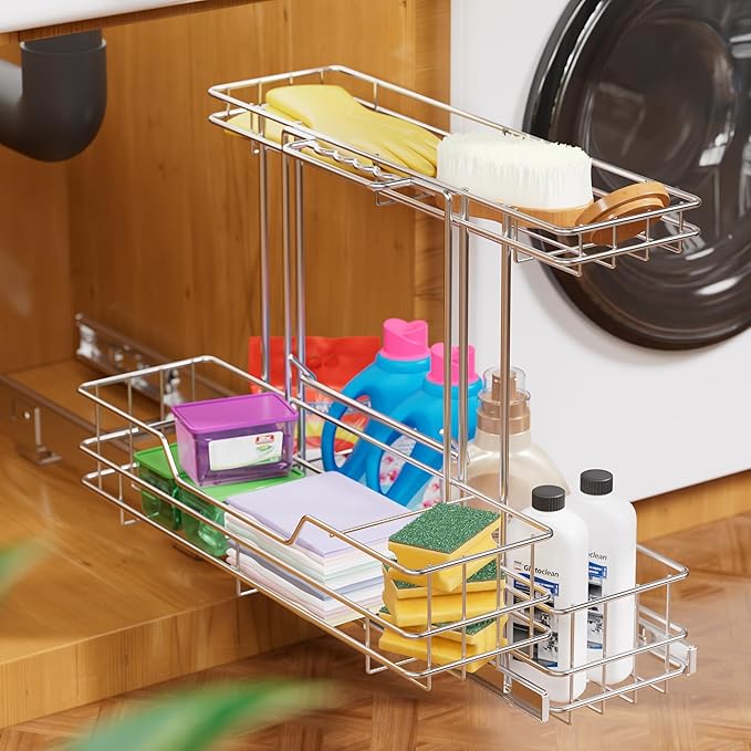 2 Tier Under Sink Organizer 11" W X18 D, Pull Out Cabinet Organizer One Removable Basket, Under Sink Slide Out Chrome Plated,