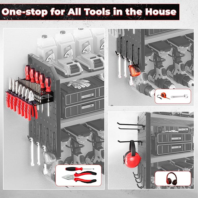 KAFAHOM Power Tool Organizer, Large 8 Drill Holder Wall Mount with 2 Side Pegboards, Heavy Duty Metal Tool Shelf with 12 Hook
