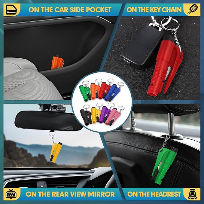 NINEMAX Car Window Breaker Seatbelt Cutter, Pack of 8 Glass Breaker Keychain, 3 In 1 Car Escape Tool Safety Emergency Hammer 