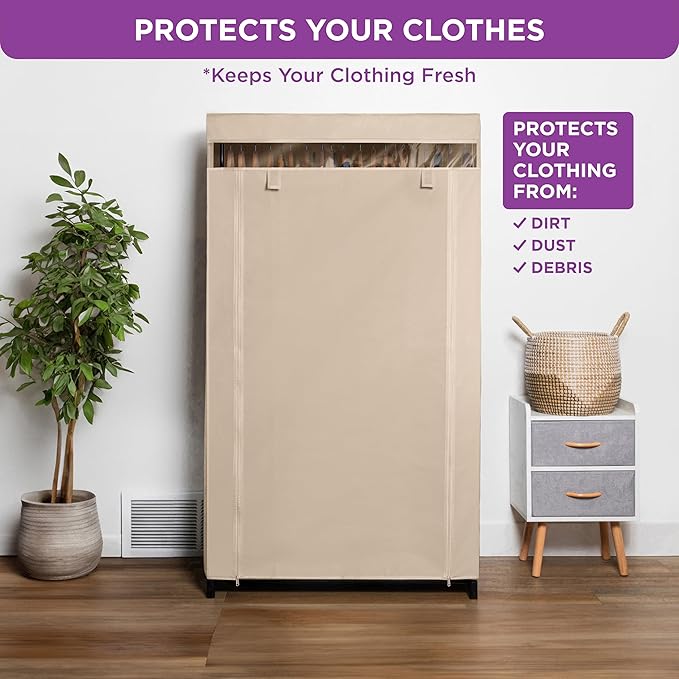HOLDN’ STORAGE Portable Wardrobe Closet - 50 lb Capacity, Internal Heavy Duty Metal Rod, Zipper & Clear Window, Durable Cloth