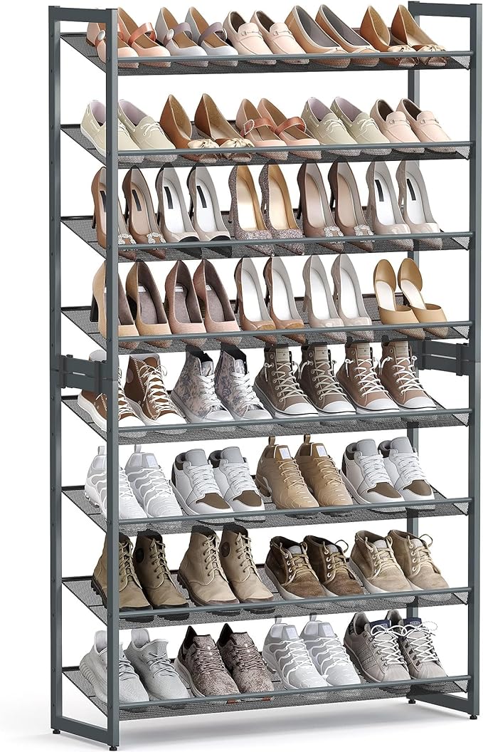 SONGMICS Shoe Rack, 8-Tier Shoe Organizer, Metal Rack for Garage, Set of 2, 4-Tier Stackable Shelf, with Adjustable Flat or A