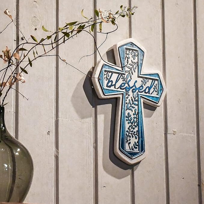 OKSQW 11" Wall Cross Handmade White Wood & Blue Iron Christians Spiritual Religious Cross with Hook Christmas Wall Hanging Cr