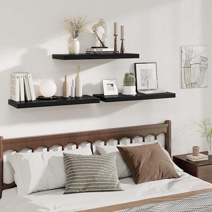 Fun Memories Deep Floating Shelves, 32W x 12D Black Wall Shelves, 32 Long Rustic Wood Wide Storage Shelves for Bedroom, Kitch