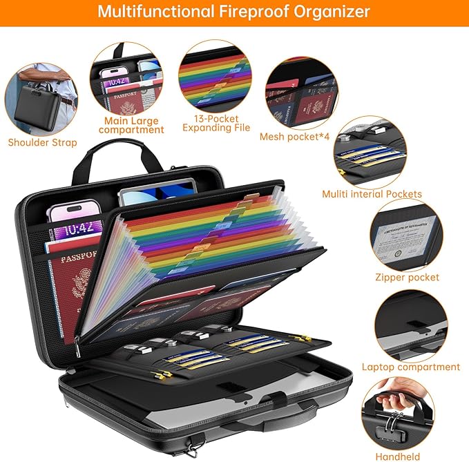 Fireproof Document Organizer with Lock,Hard-Shell Case Fireproof Document Box with Shoulder Strap,Portable File Organizer wit