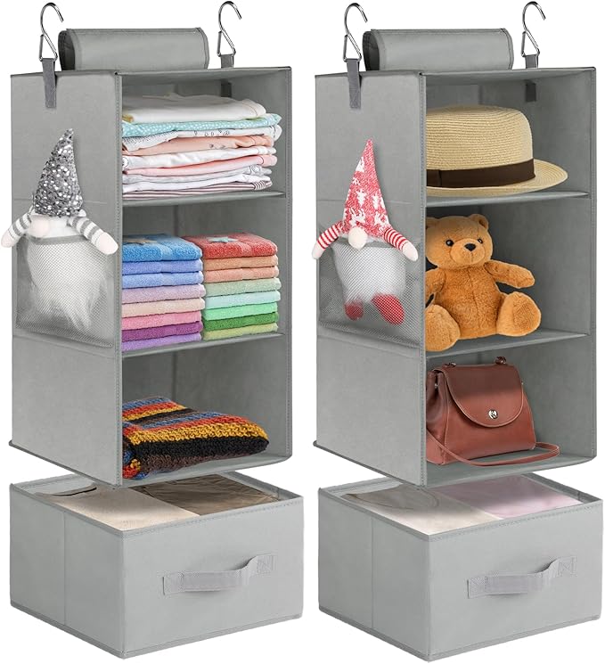 punemi 3-Shelf Hanging Closet Organizer, 2 Pack Closet Hanging Organizer with Drawers, Foldable Hanging Closet Shelves for Rv