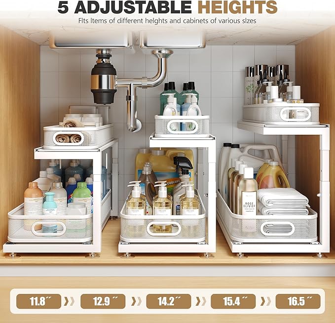 2-Pack 21.3 IN Depth Under Sink Organizer With Next-Gen Ball-Bearing Slides,Sophisticated Mesh 2-Tier Pull Out Shelf for Kitc