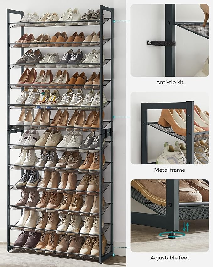 SONGMICS 12-Tier Stackable Shoe Shelf Set, Metal Shoe Storage for Garage, Entryway, with Adjustable Shelves, Hold 48-60 Pairs