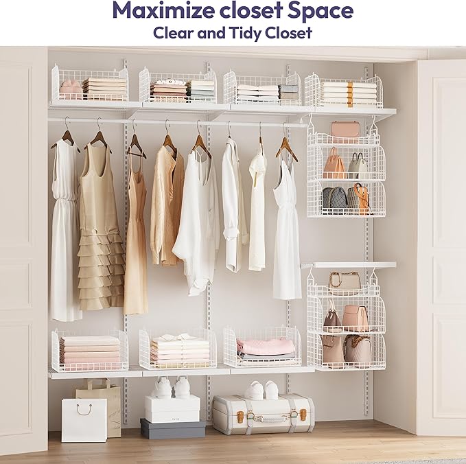 SWTYMIKI Hanging Closet Organizer Storage - 3 Tier Metal Stackable Hanging Closet Shelves with Dividers and S Hooks, Foldable