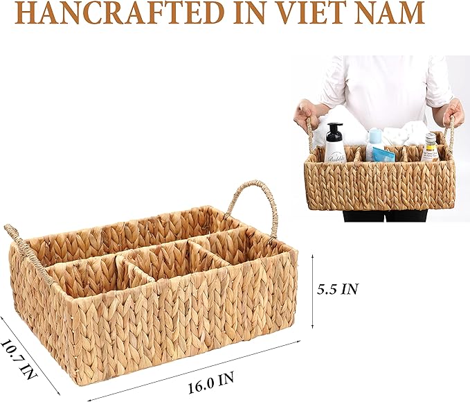 Wicker Divided Storage Basket Woven Natural Basket Hyacinth for Organizing Bathroom Kitchen Shelves Office Supplies Organizat