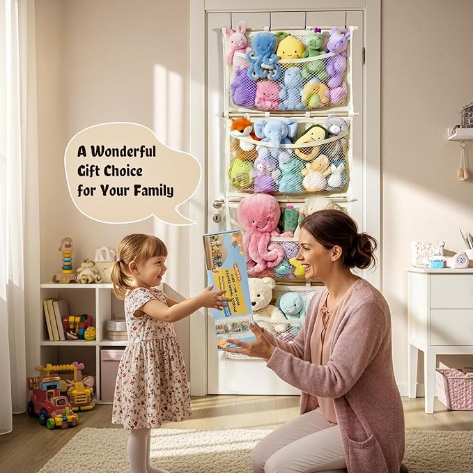 Over Door Large-Capacity Stuffed Animal Storage with Metal Hook & Wooden Stick, Hanging Plush Animal Bear Doll Toy Organizer 