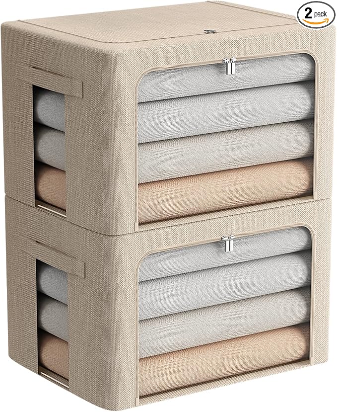 FHSQX 2 Pack Clothes Storage Bins Stackable Metal Frame Storage Box Foldable Linen Fabric Box Organizer with Carrying Handles