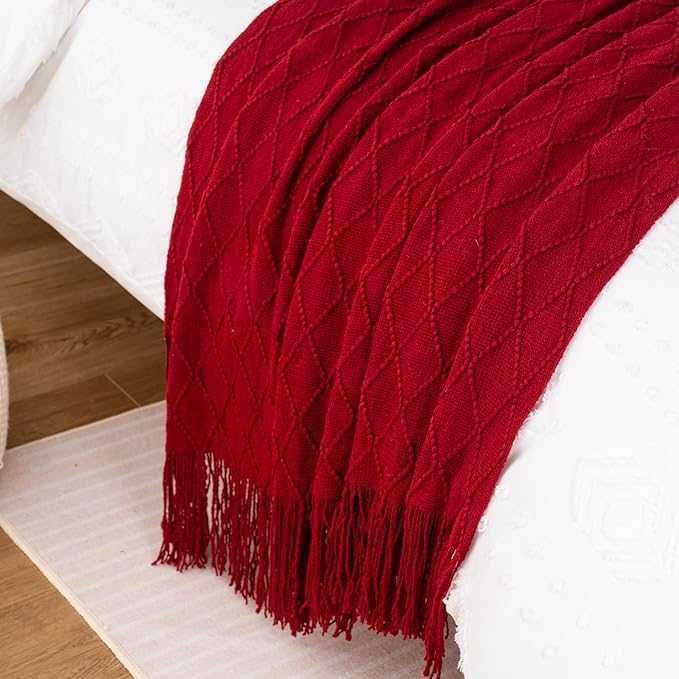 BATTILO HOME Christmas Decor Red Throw Blanket for Couch, Boho Bed Throws for Foot of Bed, Decorative Red Throws for Sofa Liv