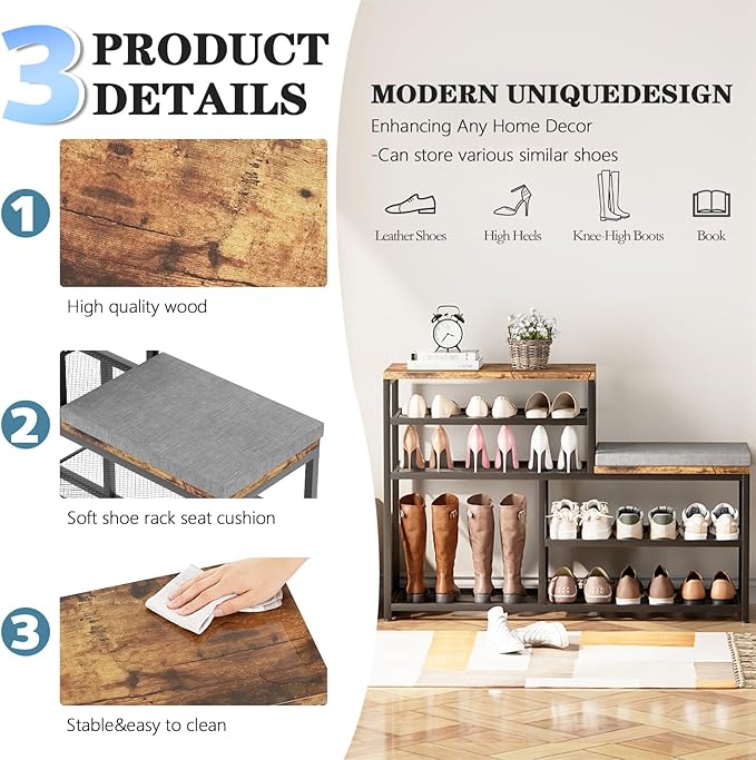 Shoe Rack,Freestanding Hidden Shoe Storage Organizer for Entryway, Shoe Bench Shelves for High Boot with Seat Cushion,Wood Sh