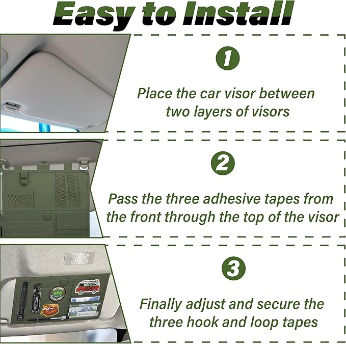 Tactical Visor Organizer, Car Visor Organizer, Sunvisor Organizers, Tactical Visors Cover Molle Webbing, Truck Accessories for Men, Car Sunshade Storage Pouch (Dark Green)