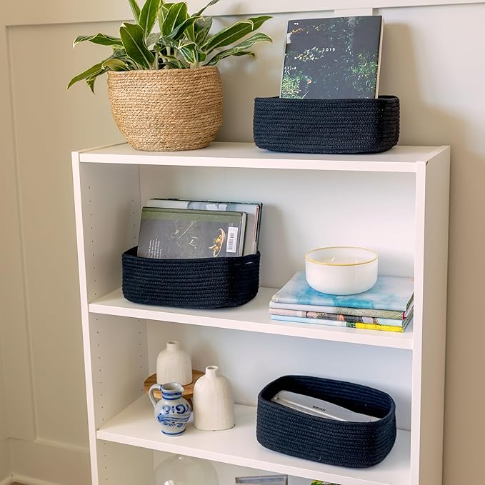 NaturalCozy 11.8"x8"x4.5” Rectangle Storage Baskets for Shelves 3 Pack | Cotton Rope Woven Small Baskets for Organizing | Sma
