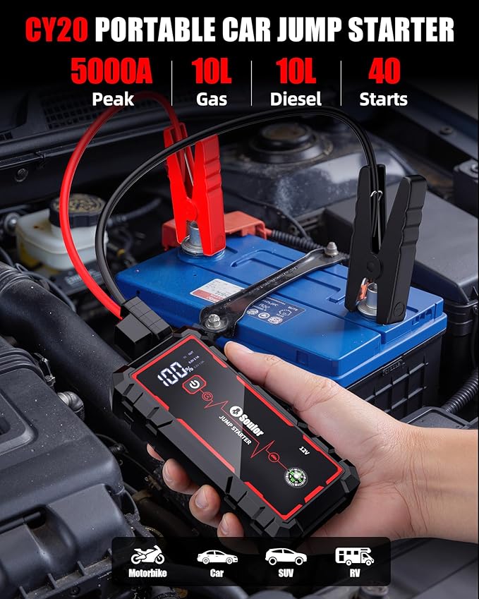Jump Starter, 5000A Car Battery Jumper Starter Portable, Jump Box Battery Booster with 3 Modes Flashlight, Jumper Cables