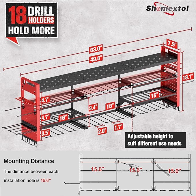 49.8" W Super Large Power Tool Organizer Wall Mount,4-Layer Heavy Duty Tool Storage with 18 Cordless Drill Holder,600 lb Capa