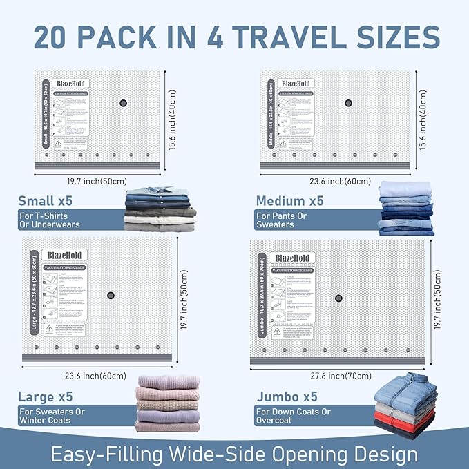 20 Pack Travel Vacuum Storage Bags with Rechargeable Electric Pump, Compression Packing Seal Bag for Luggage, 5 Small + 5 Med