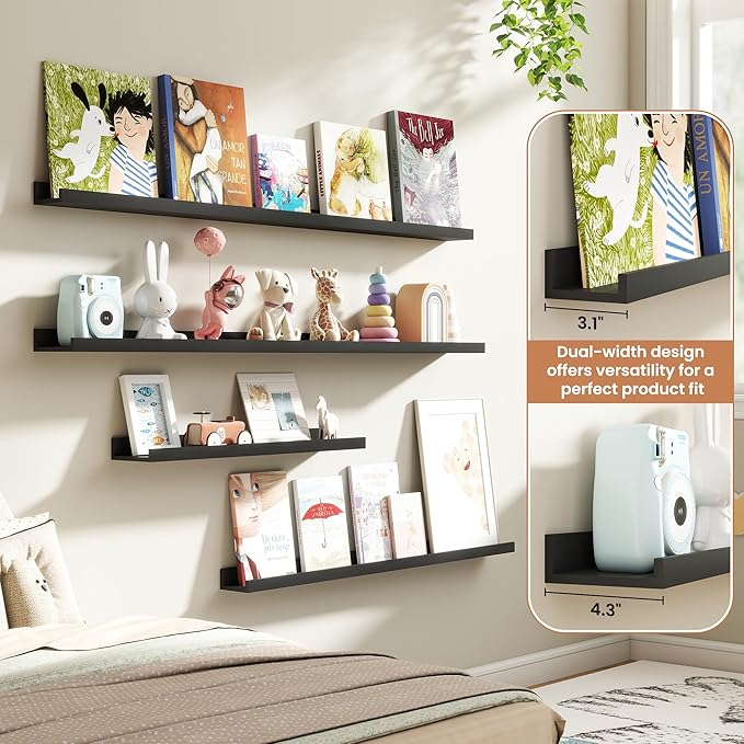 Fun Memories Picture Ledge Shelves Set of 4, 36 Inch Rustic Wall Mounted Floating Shelves with Lip for Home Storage and Décor