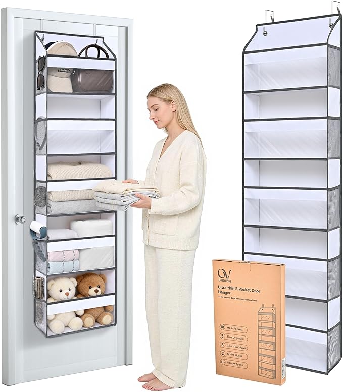 5 Tiers Ultra-thin Over Door Organizer with 10 Mesh Side Pockets, 44 lbs Weight Capacity Hanging Storage Organizer with Clear