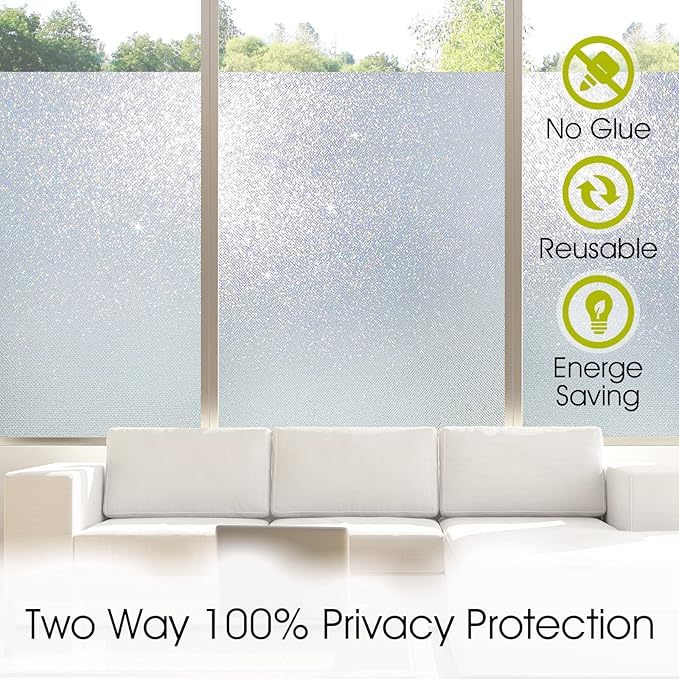 KESPEN Frosted Window Privacy Film Heat Control UV Sun Blocking Glass Stickers Static Cling Non Adhesive Door Coverings Decals for Bathroom Home Office, Sparkling, 35.4 Inch X 13.1 Feet