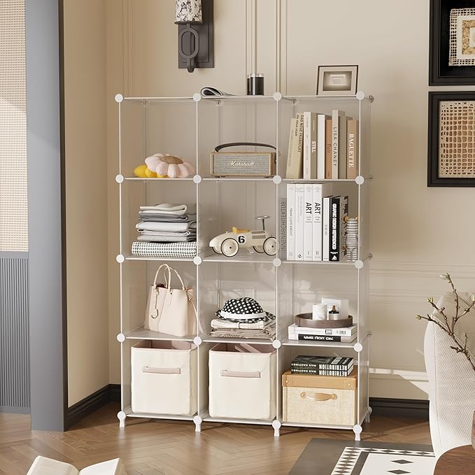 AWTATOS Cube Storage Organizer, Closet Organizers and Storage, 12 Cube Shelves Bookshelf, DIY Stackable Plastic Clothes Organ