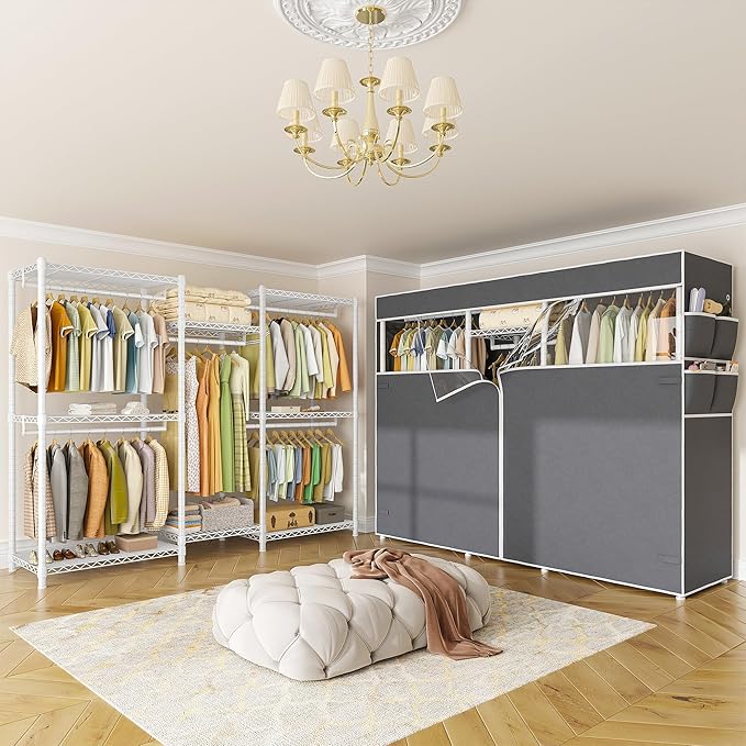 Raybee Clothes Rack with Cover,Clothing Racks for Hanging Clothes Heavy Duty,Portable Closet with Shelves,Adjustable,Loads 90