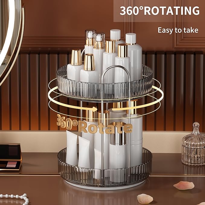 YCIA&DONE 360 Rotating Makeup Organizer and Storage for Vanity Countertop 2 Tiers, High Capacity Cosmetic Skincare Perfume Or