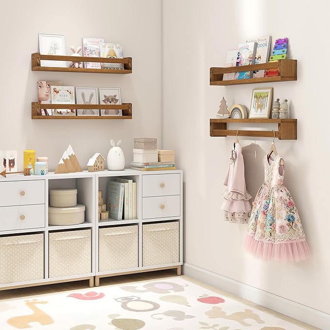 Fun Memories Nursery Book Shelves Set of 4, 24 Inch Solid Wood Wall Book Shelves, Kids Room Floating Shelves Organizer & Toy 