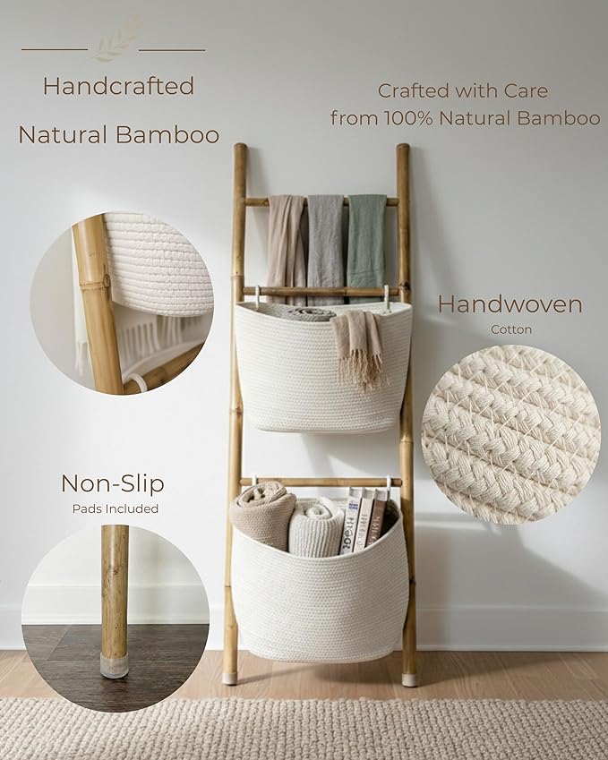 Handcrafted Bamboo Blanket Ladder with 2 Large Woven Storage Baskets, 55in Tall, Boho Wall-Leaning Decorative Rack for Living
