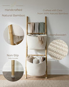 Handcrafted Bamboo Blanket Ladder with 2 Large Woven Storage Baskets, 55in Tall, Boho Wall-Leaning Decorative Rack for Living