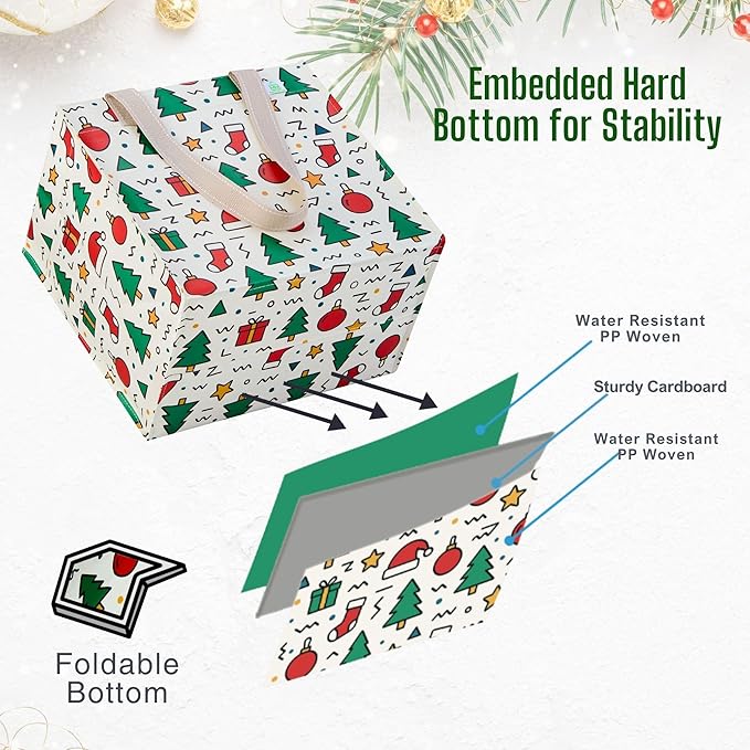 VENO 4 Pack Reusable Grocery Bags, Heavy-Duty Shopping Bags with Handles, for Shopping Cart with Hard Bottom to Stand Upright, Foldable (Jingle Mix, 4 Pack)