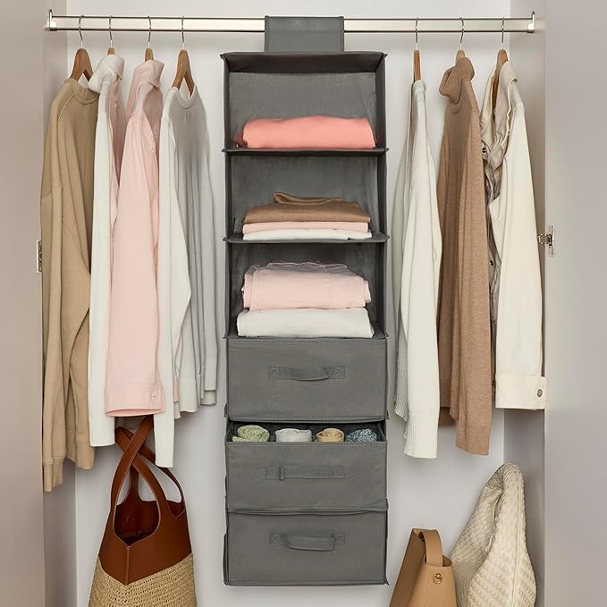 Amazon Basics 6-Tier Hanging Closet Organizer with Removable Drawers for Sweaters, 6.9"D x 13.6"W x 12.2"H, Grey