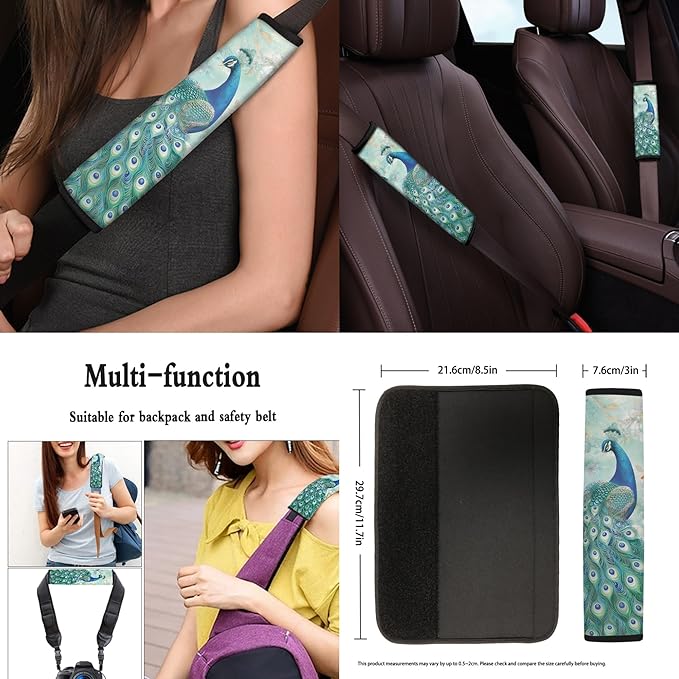 Peacock 13 PCS Car Seat Cover Set with Steering Wheel Cover Seat Belt Strap Cover Armrest Cover Coaster Keychain Automobile Interior Sets Decoration Easy to Install