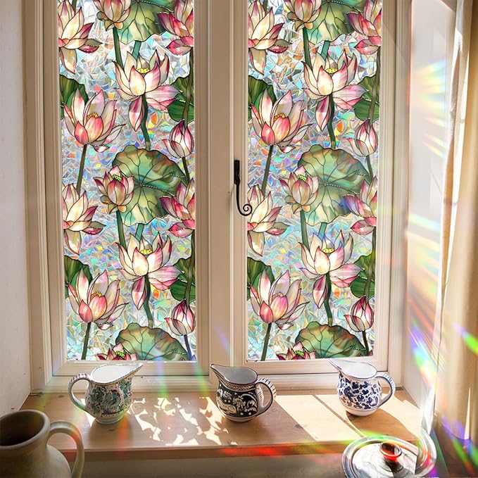 Niviy Lotus Flowers Stained Glass Window Film, Rainbow Window Film Glass Decals Sun Protection Decals for Car Moonroof, Windows Tint for Home Bathroom (16.93 x 39.37inch)