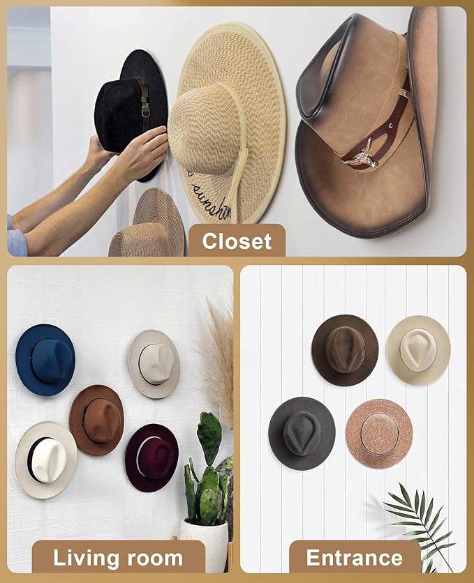 Livelab Cowboy Hat Holder, (4 Pack) Cowboy Hat Rack for Wall Mount, Metal Hat Organizer Storage Cowboy Hats Hanger Hooks for 
