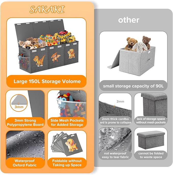 Extra Large Toy Box Chest, Collapsible Sturdy Toy Storage Organizer Boxes Bins Baskets Dinosaur Kids Toy Chest Bin with Lids 