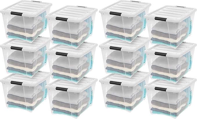 IRIS USA 12-Pack 54 Quart Stackable Storage Bins with Lids [Made in USA] - Everyday Organizer Latching Clear Plastic Organiza