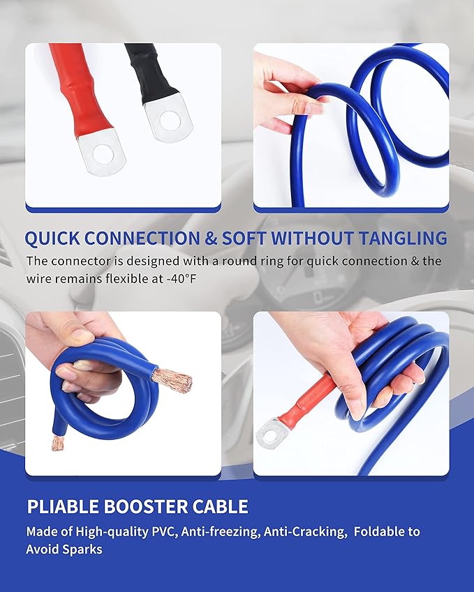 SAFEMATE 00 Gauge 30 FT Heavy Duty Jumper Cables - 1500Amp Booster Jumper Cable for Car, SUV and Trucks Battery - Quick Connect, Blue