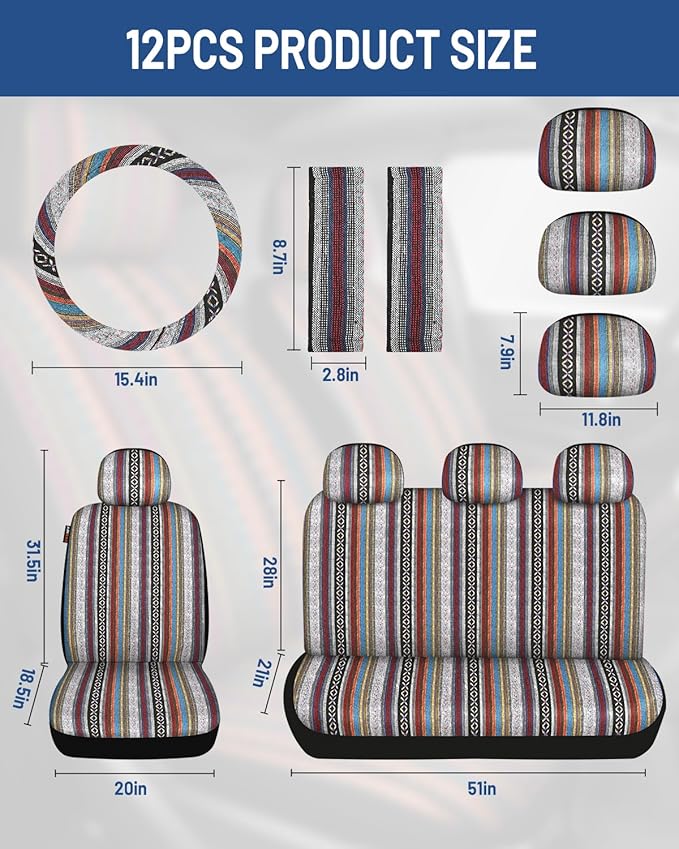 Baja Saddle Blanket Car Seat Covers Front Set with Seat Belt Pads, Washable Breathable Striped Woven Cloth Seat Covers for Ca