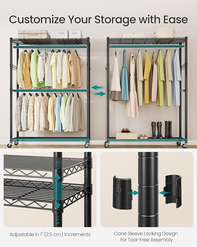 SONGMICS Heavy-Duty Rolling Clothes Rack, Garment Rack, Portable Closet on Wheels, with Adjustable Mesh Shelves and Hanging R
